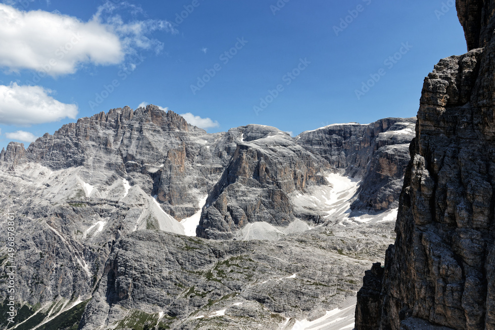 Famous peaks of the Sesto Dolomites, mountains in summer in South Tyrol, Alps, Alto Adige, Italy, Europe