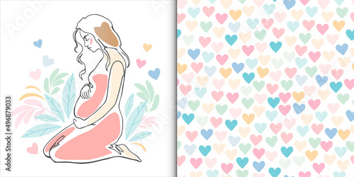 A set of cute seamless patterns. Colorful hearts and a pregnant woman. Pattern for different types of printing, multi-colored hearts, cute pattern of a pregnant woman. Cute ornament in pastel colorWeb