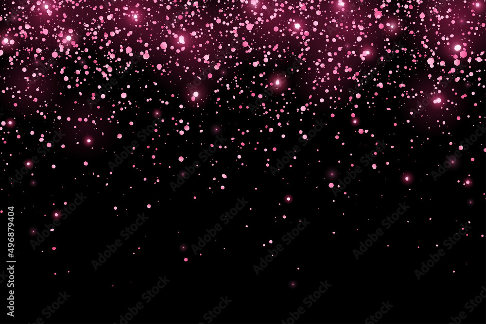Hot pink glitter holiday confetti with glow lights on black background. Vector - obrazy, fototapety, plakaty 