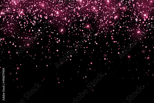 Hot pink glitter holiday confetti with glow lights on black background. Vector photo