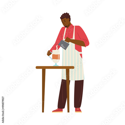 Male barista makes latte, coffee shop worker in flat style, vector illustration isolated on white background.