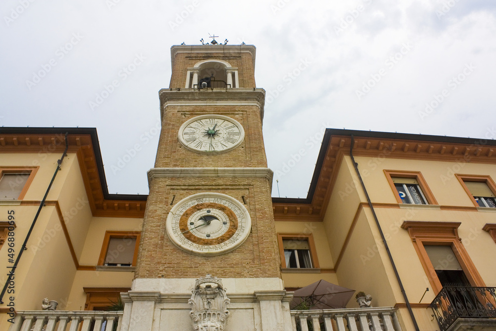 Clock Tower (or Torre dell' Orologio) at Piazza Tre Martiri in Rimini, Italy