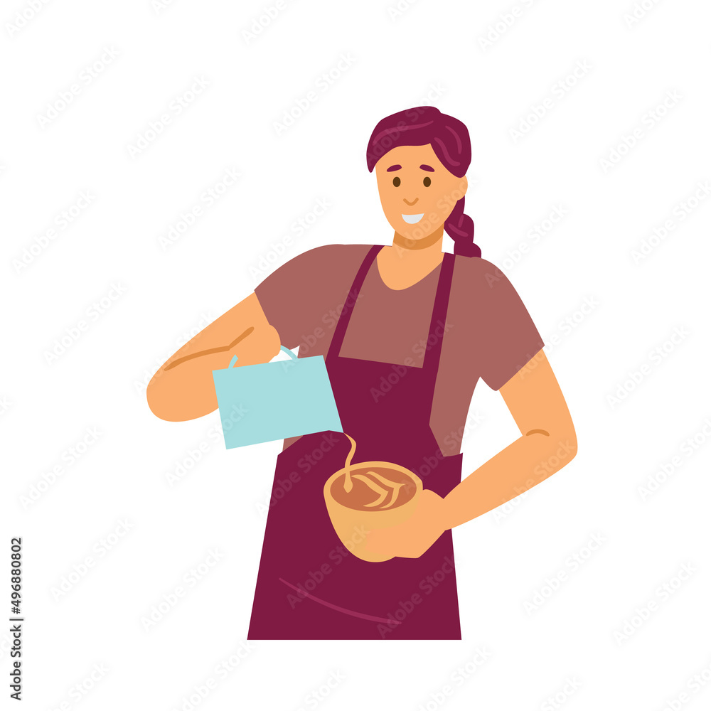 Barista or waitress pouring milk into coffee, flat vector illustration isolated. Barista or waitress pouring milk into coffee, flat vector illustration isolated.