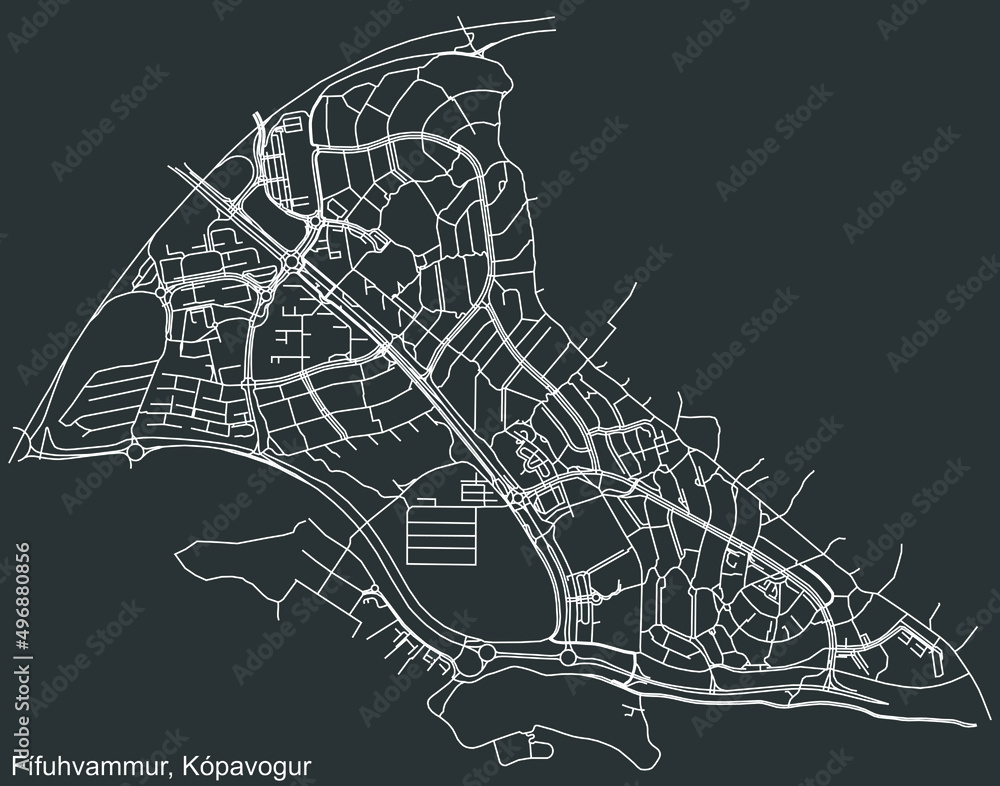 Detailed negative navigation white lines urban street roads map of the FÍFUHVAMMUR DISTRICT of the Icelandic regional capital city of Kópavogur, Iceland on dark gray background