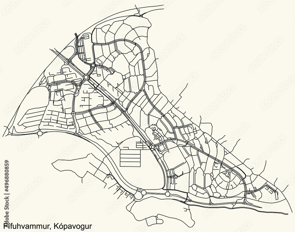Obraz premium Detailed navigation black lines urban street roads map of the FÍFUHVAMMUR DISTRICT of the Icelandic regional capital city of Kópavogur, Iceland on vintage beige background