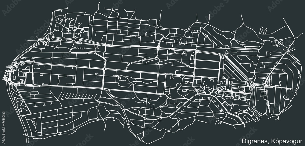 Detailed negative navigation white lines urban street roads map of the DIGRANES DISTRICT of the Icelandic regional capital city of Kópavogur, Iceland on dark gray background