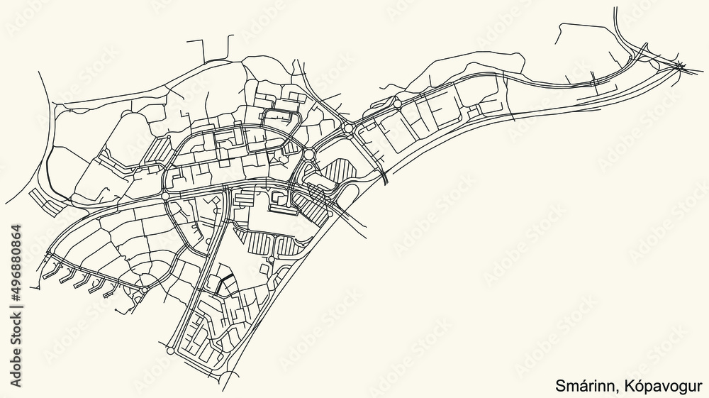 Obraz premium Detailed navigation black lines urban street roads map of the SMÁRINN DISTRICT of the Icelandic regional capital city of Kópavogur, Iceland on vintage beige background