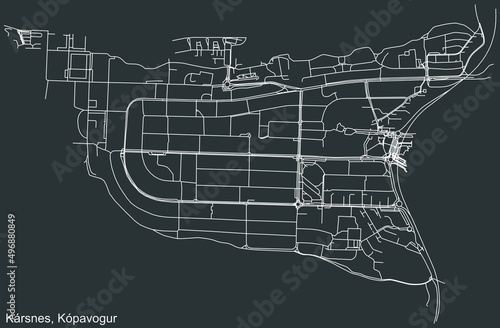 Detailed negative navigation white lines urban street roads map of the KÁRSNES DISTRICT of the Icelandic regional capital city of Kópavogur, Iceland on dark gray background
