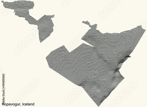 Topographic relief map of the city of KÓPAVOGUR, ICELAND with black contour lines on vintage beige background