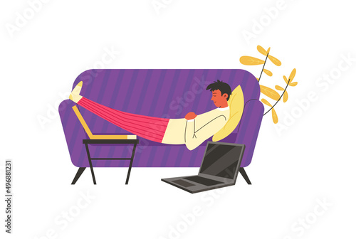 Man napping on couch at home after pizza snack flat vector illustration isolated.