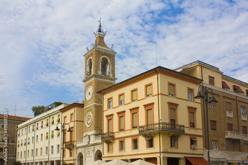 Clock Tower (or Torre dell' Orologio) at Piazza Tre Martiri in Rimini, Italy