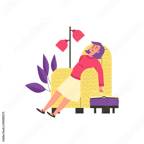 Woman fell asleep in chair reading a book, flat vector illustration isolated.