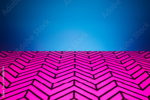 Perspective stage with magenta and blue geometric background. 3D cyber neon backdrop