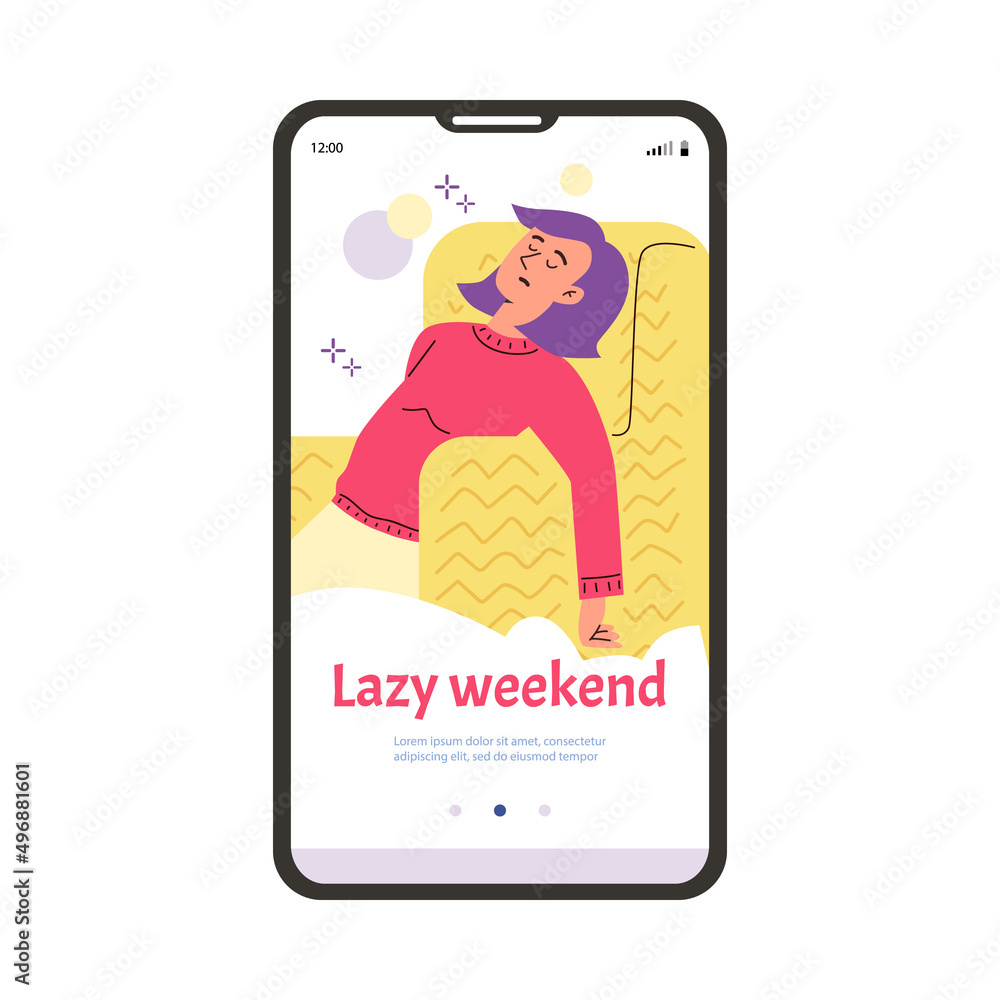 Lazy weekend onboarding page for mobile app, flat vector illustration. Lazy weekend onboarding page for mobile app, flat vector illustration.