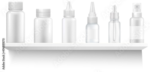 Cosmetic bottles on shelf. Beauty products empty packaging. Blank containers for liquid lotions and shampoos, moisturizers on white background. Medicine blank bottle for pills on pharmacy shop shelves