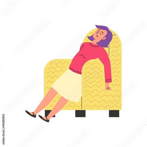 Woman sleeping in armchair at home, flat cartoon vector illustration isolated.