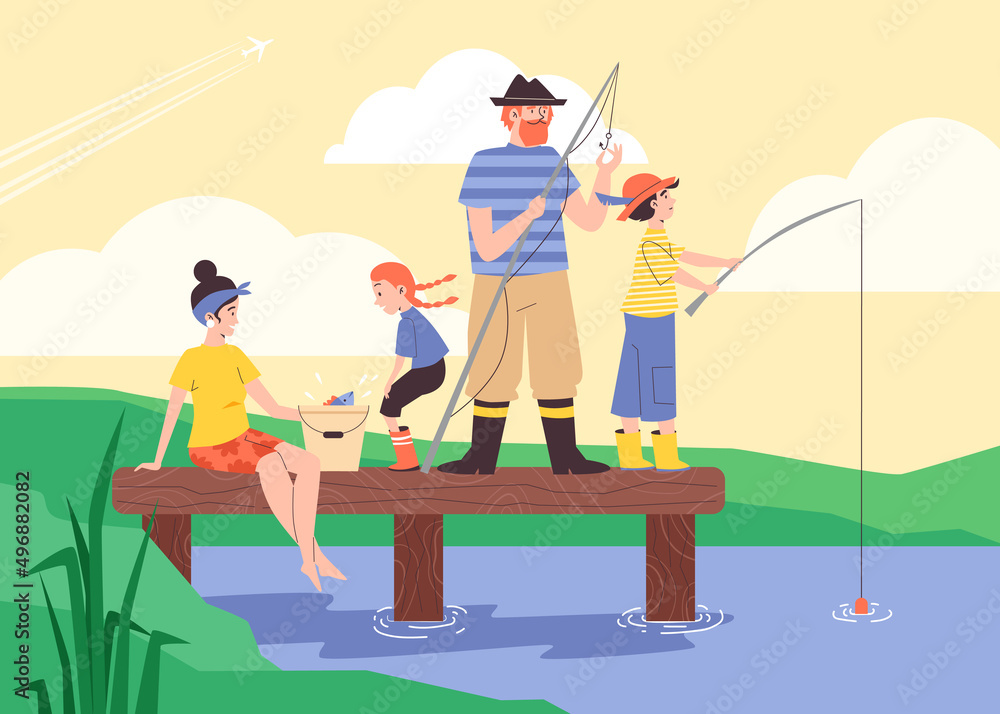 Family enjoy outdoor recreation and fishing on river, flat vector illustration.