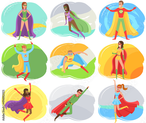Strong super man and super woman smiles and flies to save world stretched out his hand. Brave character in superhero costume with cloak. Cartoon person hurries to protects people from villains