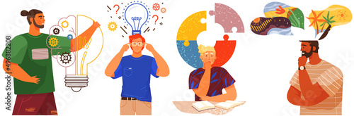 Mindset types set structural, analytical, logical and creative artistic personality predisposition, people with different thinking concept. Mind behavior, mental perceiving, psychological concept