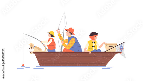Boat with father and kids fishing on river, flat vector illustration isolated.