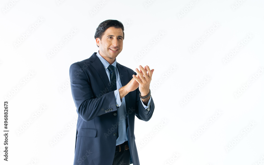 Handsome smart Caucasian businessman wearing formal suit with necktie, clap hands, smiling with happiness, success, confidence, standing on isolated white background cutout. Business Concept. Handsome smart Caucasian businessman wearing formal suit with necktie, clap hands, smiling with happiness, success, confidence, standing on isolated white background cutout. Business Concept.