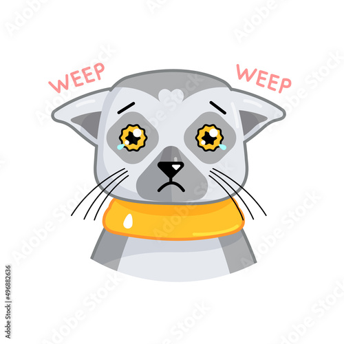 Cartoon funny lemur show crying and sad emotion with tears. Vector animal illustration for emoji, sticker, print. Feeling depression.