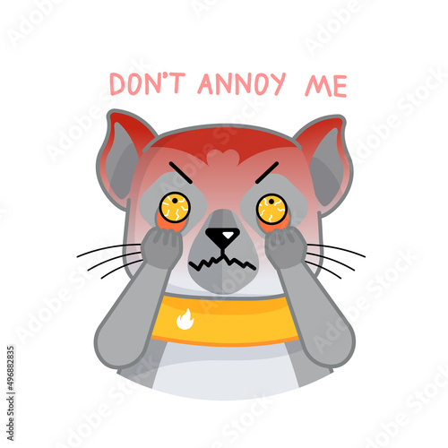 Cartoon funny lemur show anger, annoying, nervous, mad, furious emotion. Vector animal illustration for emoji, sticker, print with words don't annoy me.
