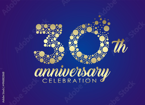 30 years anniversary celebration logo design with golden dots for greeting card, banner and invitation card. Happy birthday design of 30th years anniversary celebration.
