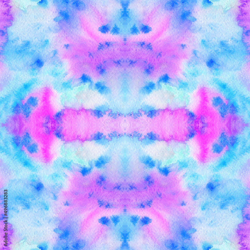 Fototapeta premium Watercolor texture. Seamless pattern. Art abstract background with stains, drips, brushstrokes. Colorful bright pink blue hand drawn illustration.