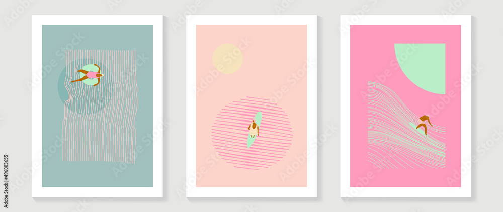 Abstract line art sea wall art template. Ocean activity design with woman, swim ring, surf, sea wave and sun minimal style. Ocean painting for summer season, wall decoration, interior, wallpaper. Abstract line art sea wall art template. Ocean activity design with woman, swim ring, surf, sea wave and sun minimal style. Ocean painting for summer season, wall decoration, interior, wallpaper.