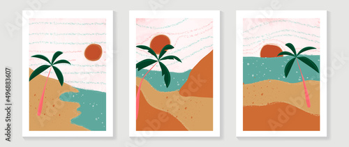 Abstract hand drawn beach wall art template. Vintage sea island with sun, coconut tree in line art pattern. Beach painting in minimal style for summer season, wall decoration, interior, wallpaper.