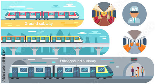 Metro station and passenger train vector illustration. Set with moving staircase, navigation, passenger seats, turnstile for website infographics. Trains of subway, high speed public transport metro photo