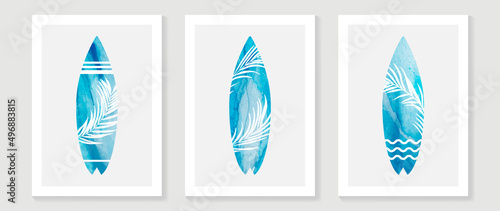 Abstract summer ocean activity wall art template. Blue surf wallpaper design with line art pattern and palm tree leaves. Sea painting for wall decoration, interior, background, cover, banner.