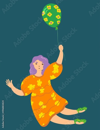 Foto girl is flying in a hot air balloon. bright vector illustration