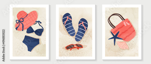 Abstract watercolor beach wall art template. Summer activity element wallpaper design with bikini, bag, hat for swimming. Ocean painting for wall decoration, interior, background, cover, banner.