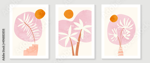 Abstract summer wall art template. Pink tone wallpaper design with sun, palm leaf, coconut tree, tropical leaves. Summer beach painting for wall decoration, interior, background, cover, banner.