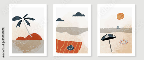 Abstract hand drawn beach wall art template. Vintage sea island with ocean, sun and boat in line art pattern. Beach painting in minimal style for summer season, wall decoration, interior, wallpaper.