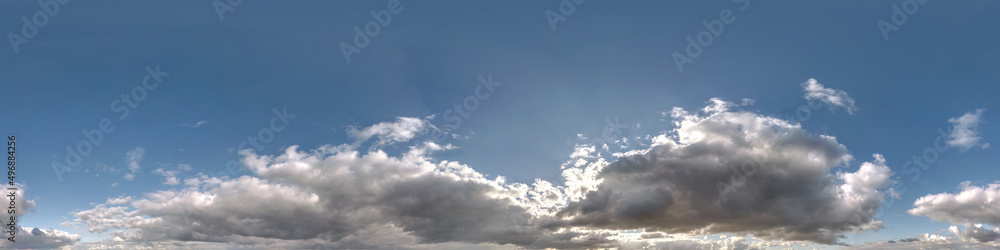 blue sky hdr 360 panorama with sun hid behind the clouds in seamless projection with zenith for use in 3d graphics or game development as sky dome or edit drone shot for sky replacement