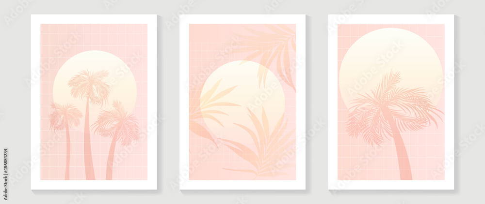 Abstract pastel summer beach wall art template. Pink tone wallpaper design with sun, coconut and palm trees in line art pattern. Sea painting for wall decoration, interior, background, cover, banner.