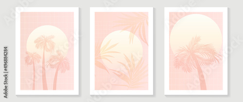 Abstract pastel summer beach wall art template. Pink tone wallpaper design with sun, coconut and palm trees in line art pattern. Sea painting for wall decoration, interior, background, cover, banner.