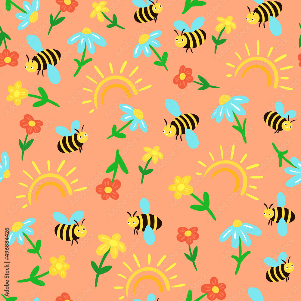 Seamless childish pattern with cute bees and flowers on pink background Seamless childish pattern with cute bees and flowers on pink background