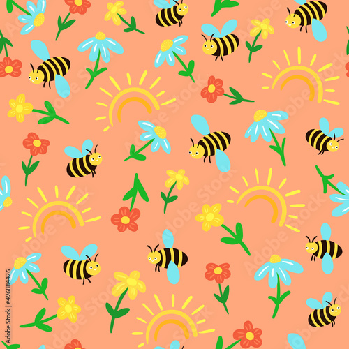 Seamless childish pattern with cute bees and flowers on pink background