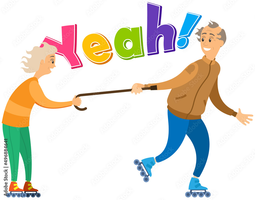 Aged people rollerskating together. Portrait view of old characters in