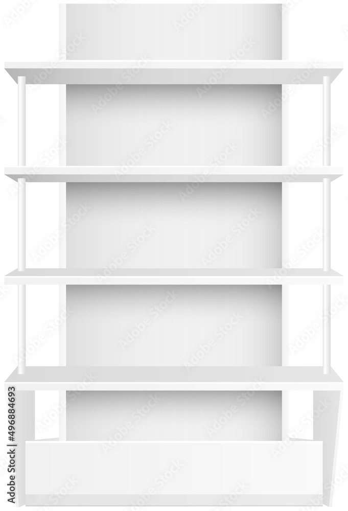 White empty supermarket retail store shelves isolated on white background vector illustration. Modern stylish wooden shelves furniture of high quality for books and decorations trade equipment White empty supermarket retail store shelves isolated on white background vector illustration. Modern stylish wooden shelves furniture of high quality for books and decorations trade equipment