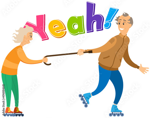Aged people rollerskating together. Portrait view of old characters in roller-skates holding stick. Grandparents recreation, activity, pastime. Elderly couple enjoys walk, says yeah, rollerblades