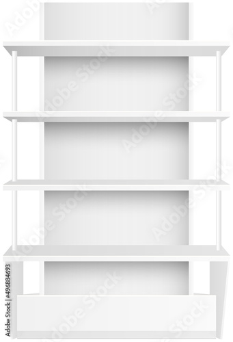 White empty supermarket retail store shelves isolated on white background vector illustration. Modern stylish wooden shelves furniture of high quality for books and decorations trade equipment