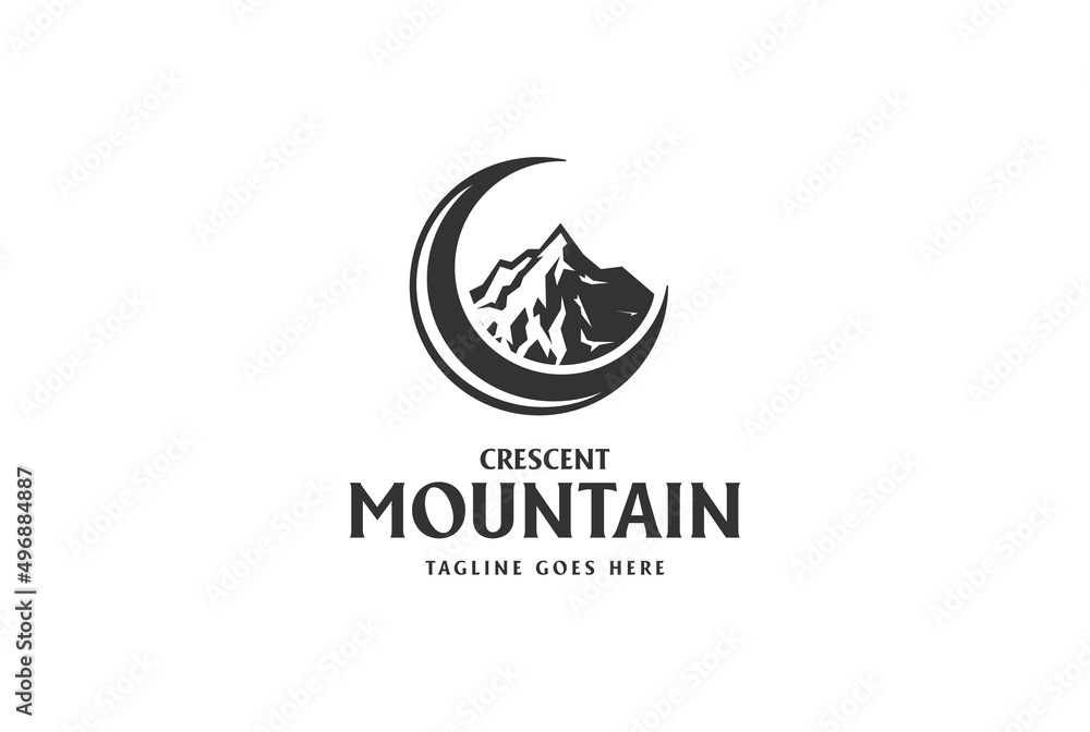 Vintage Retro Crescent Moon with Ice Rock Mountain for Night Outdoor Adventure Logo Design Vector