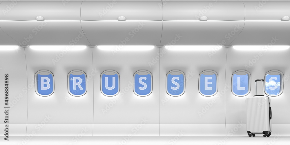 Brussels word on an airplane portholes. 3d rendering