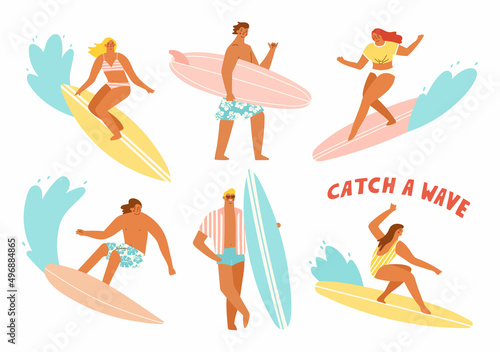 Set of male and female surfers enjoying surfing lifestyle. Vector illustration of active summer vacation concept in trendy retro style.