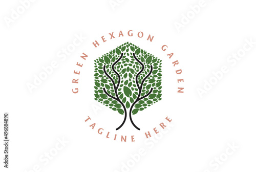 Hexagon Tree Leaf for Cutting Grass Park Garden Logo Design Vector